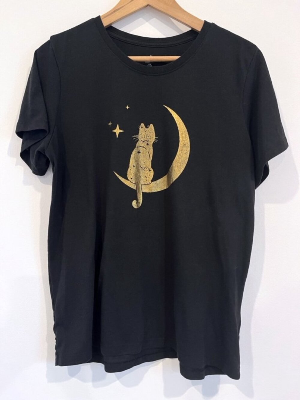 Way To Celebrate Halloween Gold Metallic Cat Crescent Moon T-Shirt Black M/L